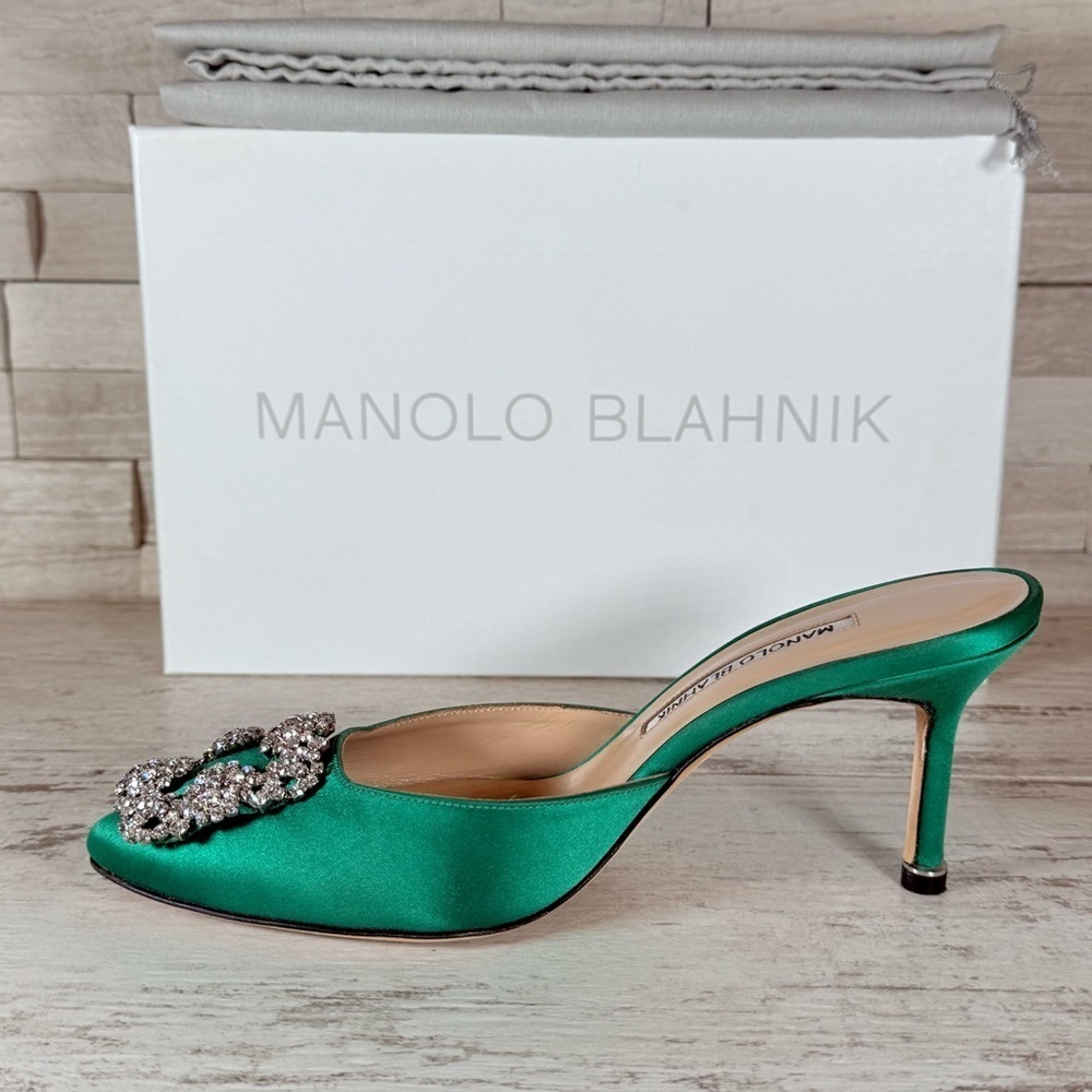 Manolo Blahnik Size 36 Green Hangisi Hangisimu Heeled Mules Satin 70MM NEW - Picture 12 of 16